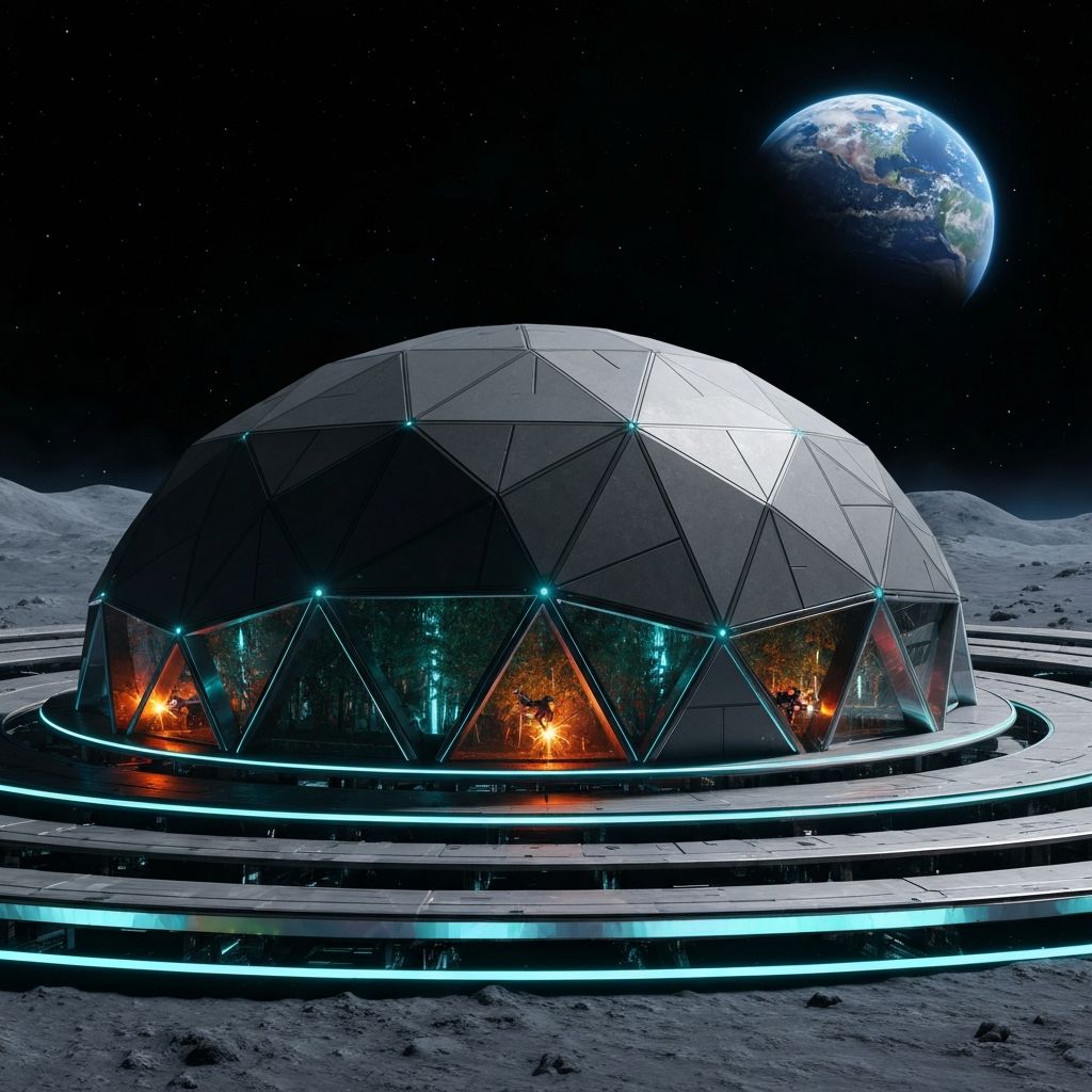 Geodesic terra dome under construction on lunar surface